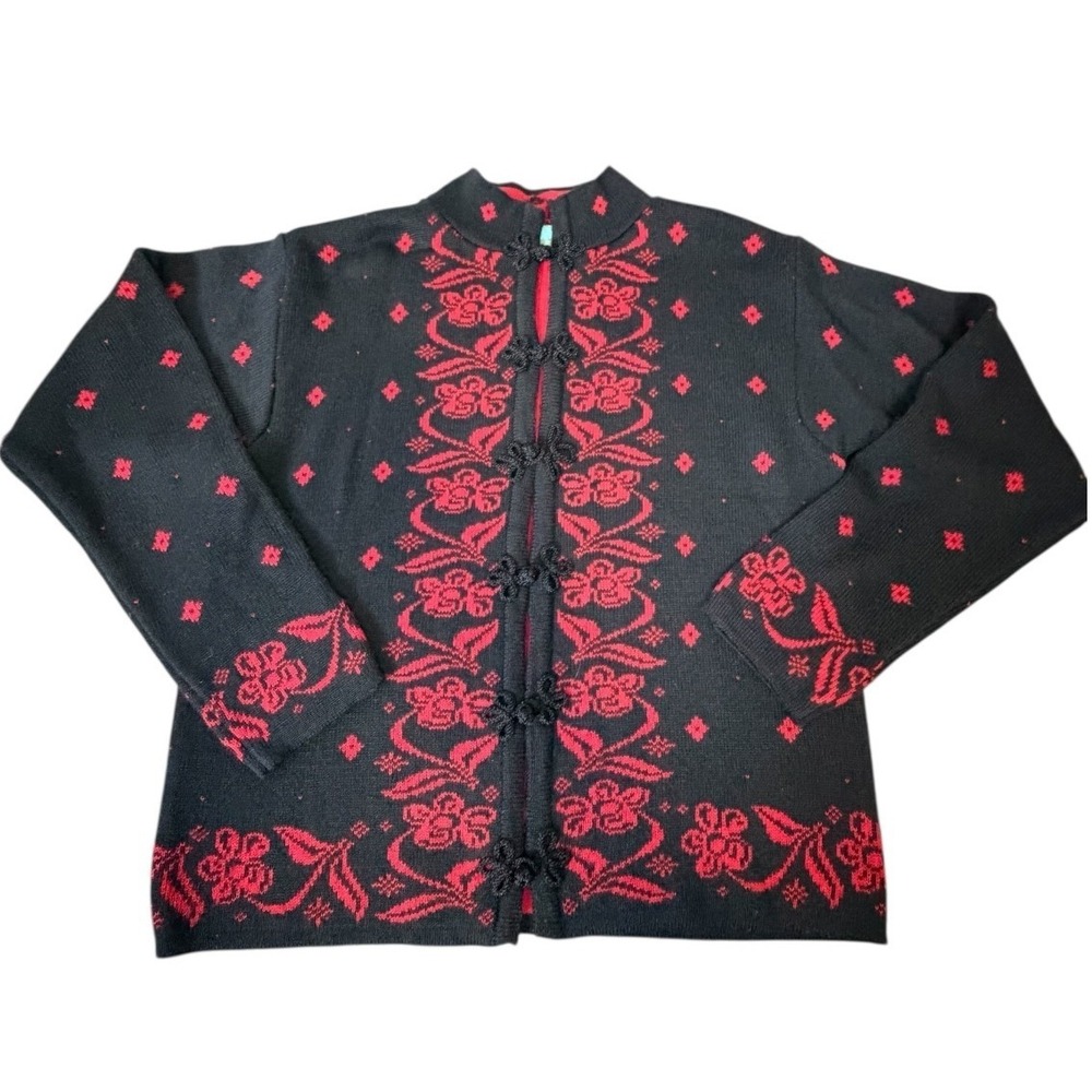Laura Peterson Black Red Mandarin‎ Collar Cardigan Sweater MED